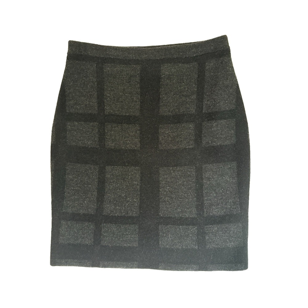 Eileen Fisher Felted Merino Wool Plaid Skirt XS‎ Black Gray Elastic Waist 19.5"L